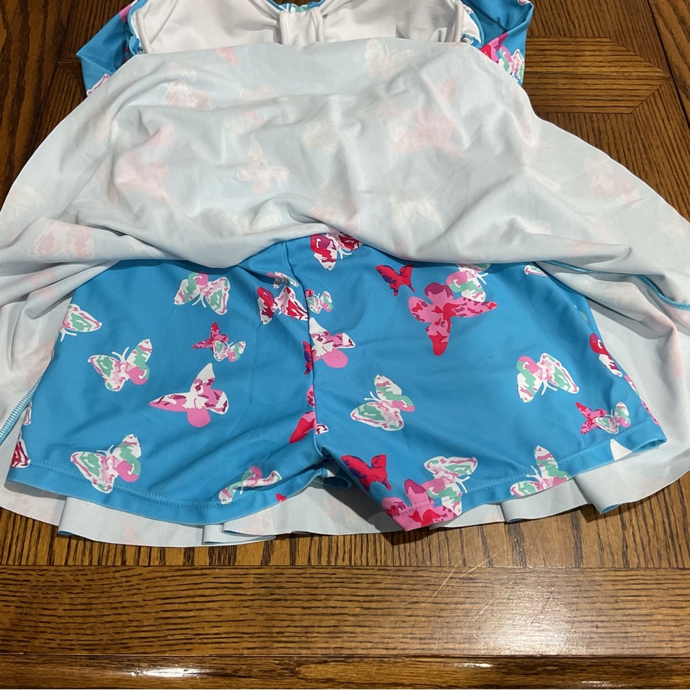 Suit swim dress with built-in shorts in blue w/ pink, green, white butterflies M - Picture 7 of 10